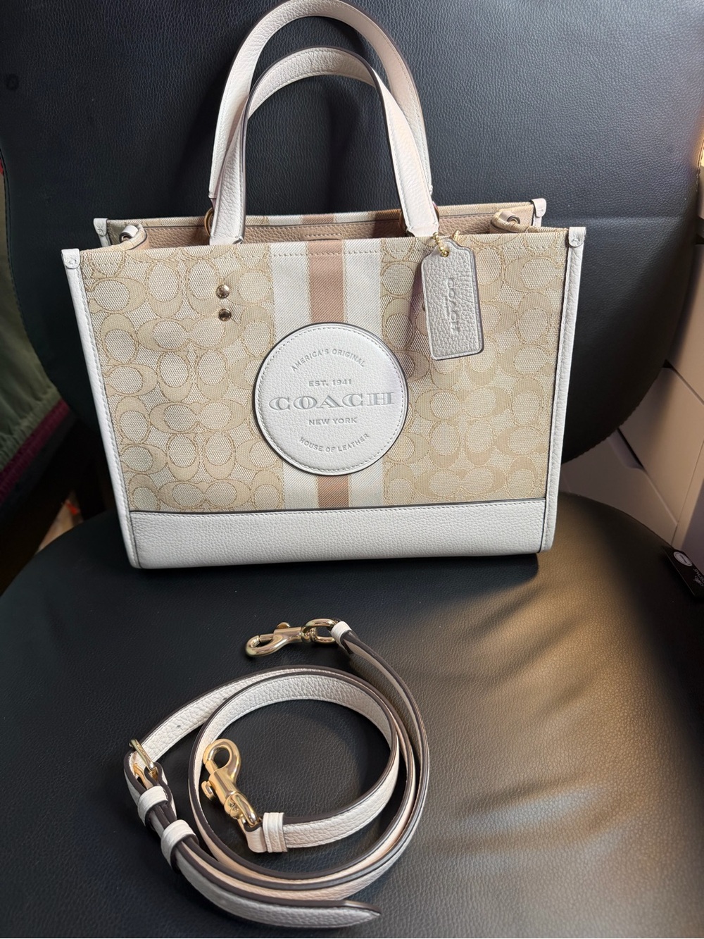 Coach Dempsey 27 Khaki Signature Jacquard Pebble Leather Tote Bag